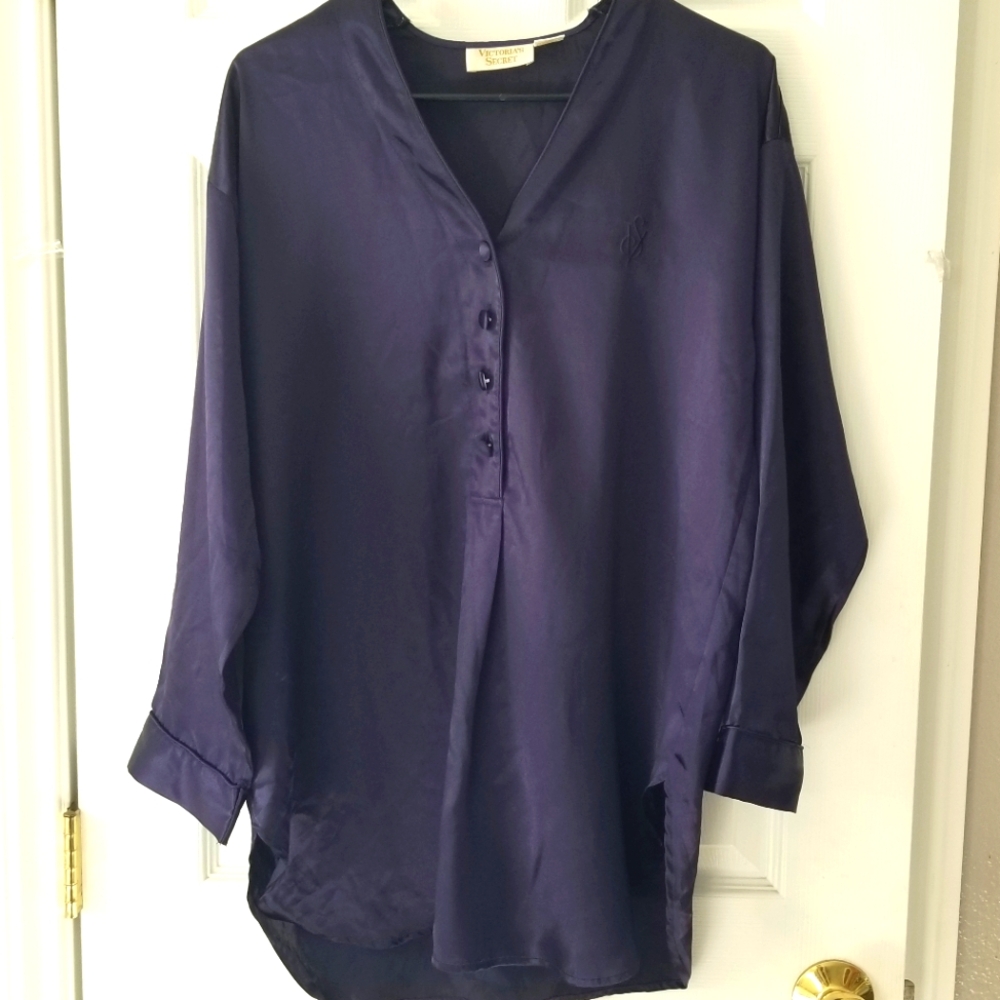 Victorias Secret Purple Satin Night Shirt Gold Label Monogram Vintage Womens P/S